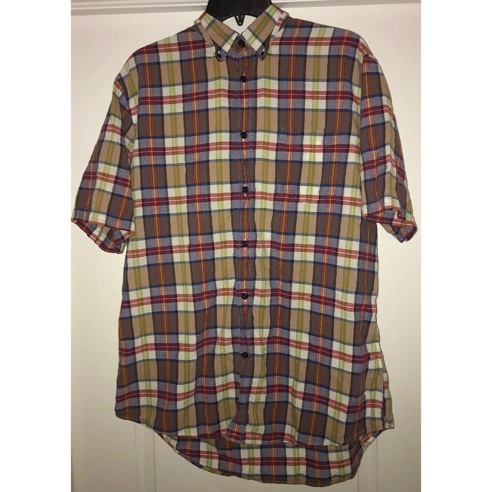 lands end mens button down short sleeve large plaid red blue green white 430489